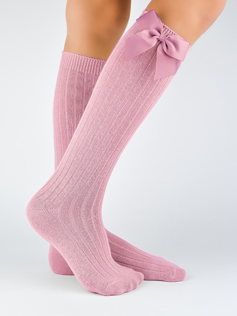 Knee-high socks with a bow for girls - pink