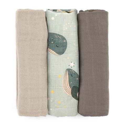PETITE&MARS 415368 Zestaw pieluszek z muślinu bambusowego 3 szt 68x68 cm Whale Song