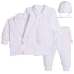 Komplet do chrztu dla chłopca biały: body, spodnie, bluza, czapka