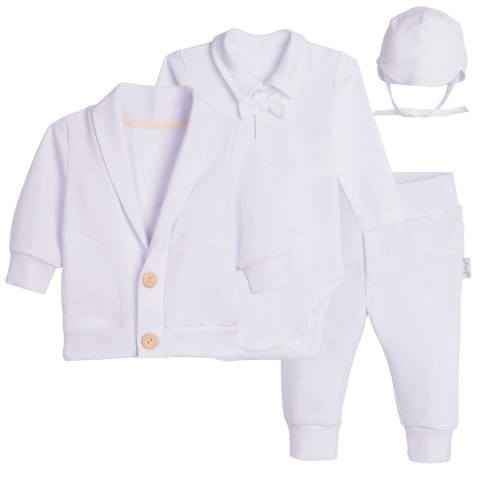 Komplet do chrztu dla chłopca biały: body, spodnie, bluza, czapka