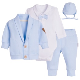 Komplet do chrztu dla chłopca błękitny: body, spodnie, bluza, czapka