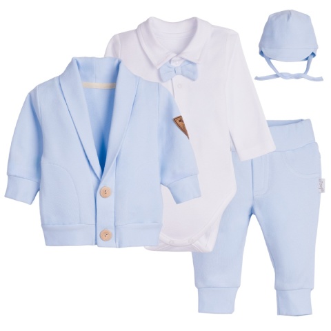Komplet do chrztu dla chłopca błękitny: body, spodnie, bluza, czapka