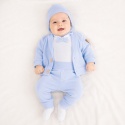 Komplet do chrztu dla chłopca błękitny: body, spodnie, bluza, czapka