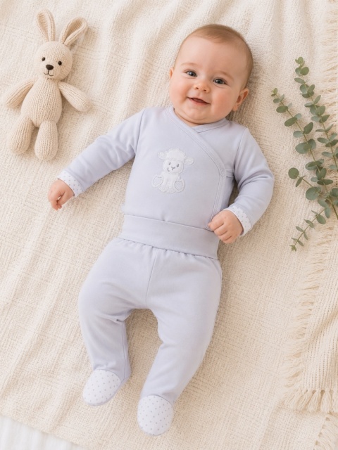 Komplet niemowlęcy z owieczką szary - body, półśpiochy