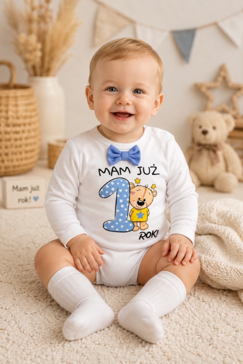 Body na roczek dla chłopca „Mam już rok!” z muszką – 100% bawełna | GaGatki