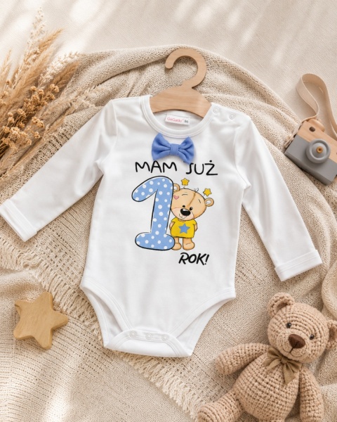 Body na roczek dla chłopca „Mam już rok!” z muszką – 100% bawełna | GaGatki