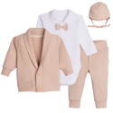 Komplet do chrztu dla chłopca beżowy: body, spodnie, bluza, czapka