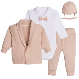 Komplet do chrztu dla chłopca beżowy: body, spodnie, bluza, czapka