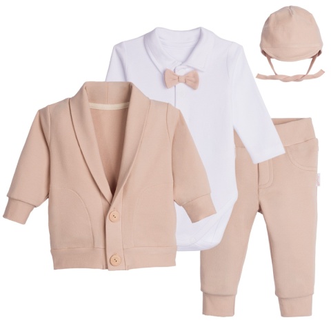 Komplet do chrztu dla chłopca beżowy: body, spodnie, bluza, czapka
