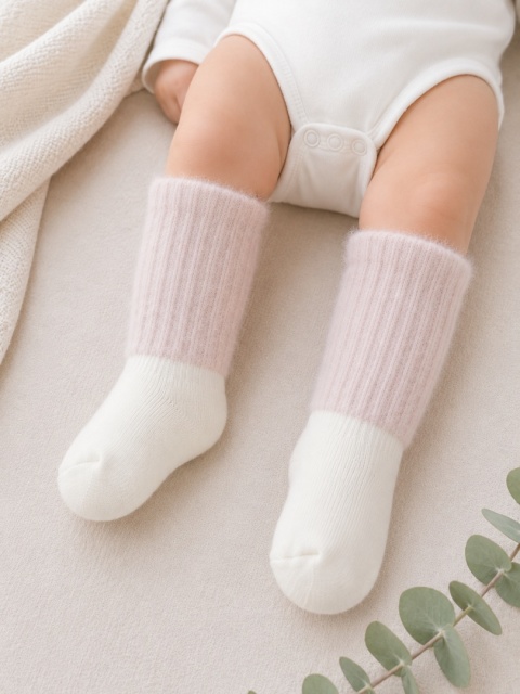 Skarpetki niemowlęce długie z puszystym ściągaczem 0-6m - kremoworóżowe