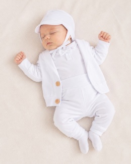 Komplet do chrztu dla chłopca biały: body, spodnie, bluza, czapka