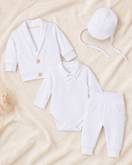 Komplet do chrztu dla chłopca biały: body, spodnie, bluza, czapka