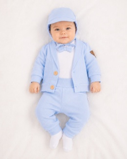 Komplet do chrztu dla chłopca błękitny: body, spodnie, bluza, czapka
