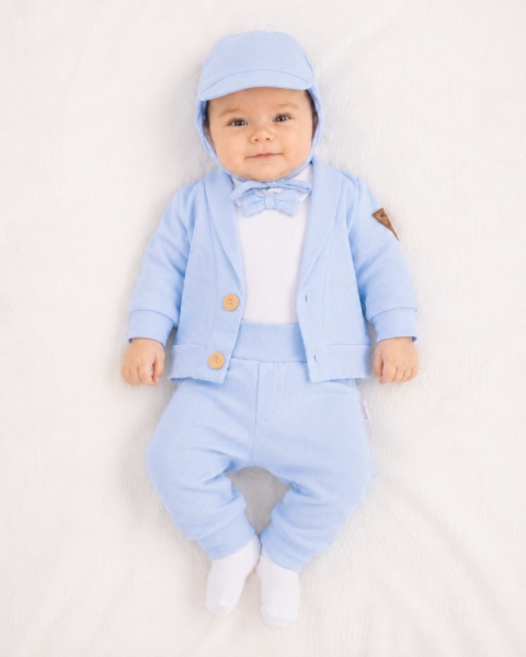 Komplet do chrztu dla chłopca błękitny: body, spodnie, bluza, czapka