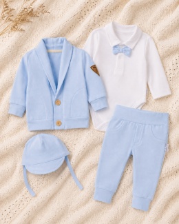 Komplet do chrztu dla chłopca błękitny: body, spodnie, bluza, czapka