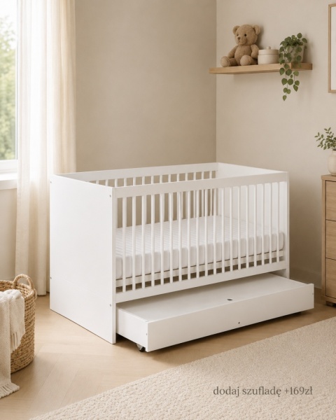 Łóżeczko rosnące z dzieckiem Dalia 2w1 140×70 cm – białe, z funkcją tapczanika