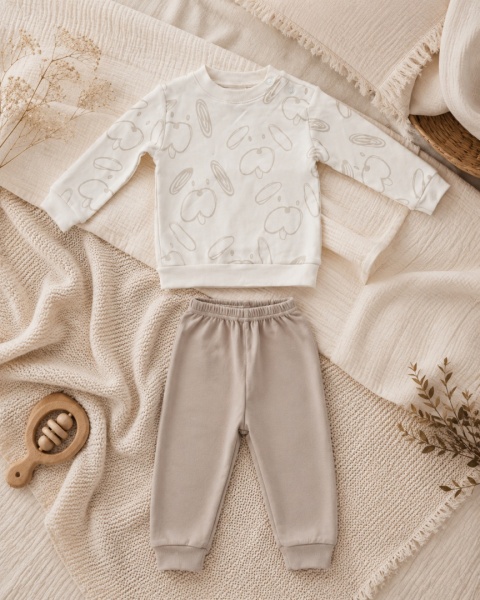 Komplet niemowlęcy w beżach – bluza we wzór + spodnie