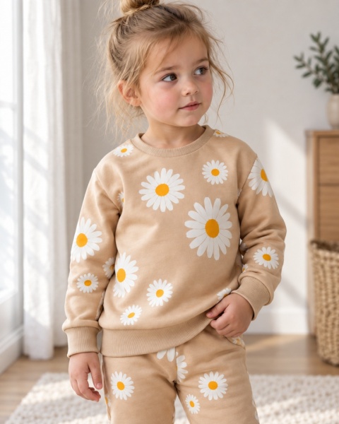 Bluza dla dziewczynki - beżowa w stokrotki 62-122