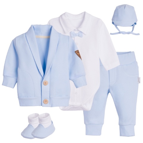 Komplet do chrztu dla chłopca błękitny: body, spodnie, bluza, czapka