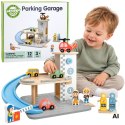 WOOPIE GREEN Drewniany Parking Piętrowy 2w1 Stacja Benzynowa z Autkami i Figurkami 12 el. FSC