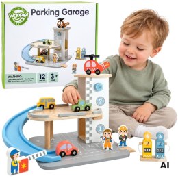 WOOPIE GREEN Drewniany Parking Piętrowy 2w1 Stacja Benzynowa z Autkami i Figurkami 12 el. FSC