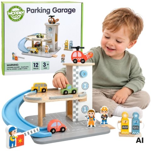 WOOPIE GREEN Drewniany Parking Piętrowy 2w1 Stacja Benzynowa z Autkami i Figurkami 12 el. FSC
